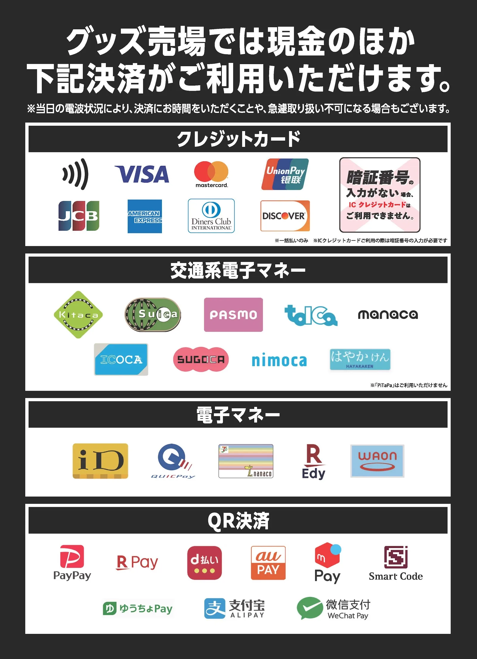 グッズ売り場では現金のほか下記決済がご利用いただけます